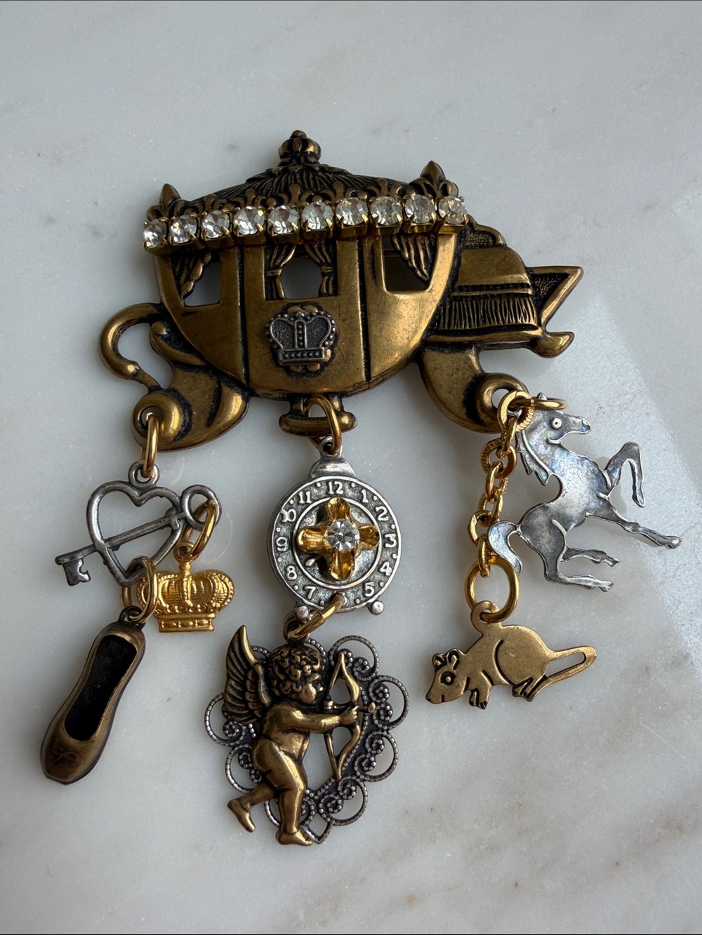 Vintage Cinderella Rhinestone Carriage Charm Brooch - Whimsical, Fairytale